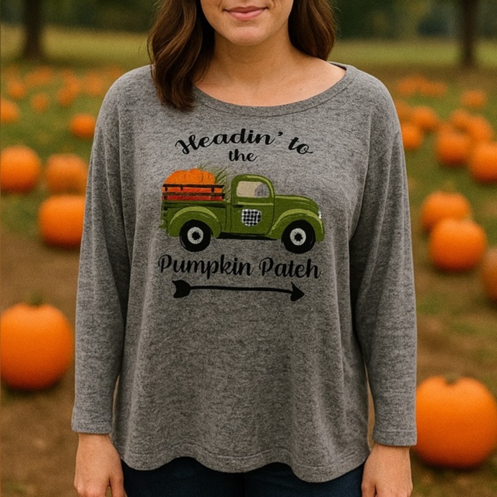 MAGICAL SEASON Grey Pumpkin Truck Fall Harvest Graphic Knit Top 2X Halloween